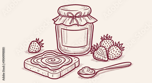 A jar of strawberry jam with fresh strawberries and a spoon on a wooden board