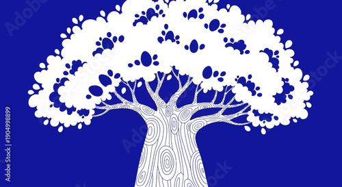 A serene illustration of a tree with sprawling branches and lush foliage viewed from a frontal perspective