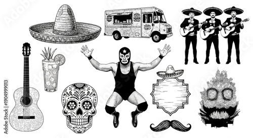 Vibrant Mexican celebration illustration featuring a wrestler, musicians, and festive elements in a lively cultural scene