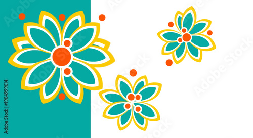 Vibrant floral illustration featuring stylized flowers in teal and orange hues against a split background