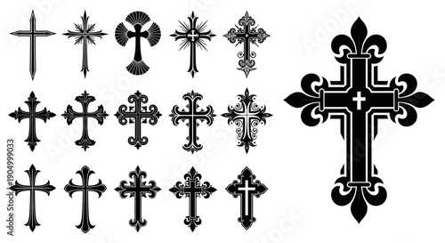 Collection of various black cross symbols and illustrations displayed on a clean white background