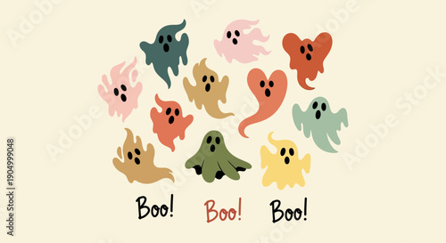 A group of colorful ghost illustrations arranged in a circular pattern with Boo written multiple times around them from a straightforward viewpoint