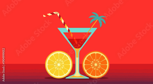 Cocktail glass with orange slices and straw on red background, viewed from the front, illustrating a refreshing summer drink scene