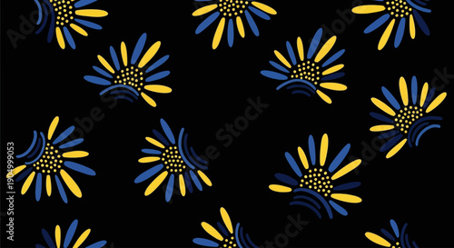 Vibrant floral pattern featuring stylized sunflowers on a dark background from a direct viewpoint