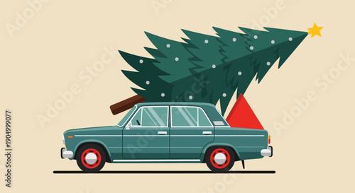 Vintage car transporting a Christmas tree on its roof viewed from the side in a festive illustration
