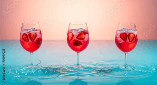 Three glasses of fruit infused drink floating on water surface with vibrant colors and reflection