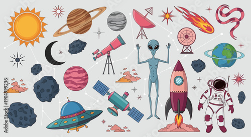 Illustration of astronauts and celestial bodies in space viewed from a distant planet with various planets and stars