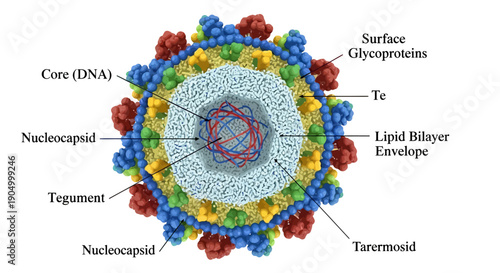 Detailed illustration of a virus structure showing its core DNA, nucleocapsid, tegument, surface glycoproteins, and lipid bilayer envelope
