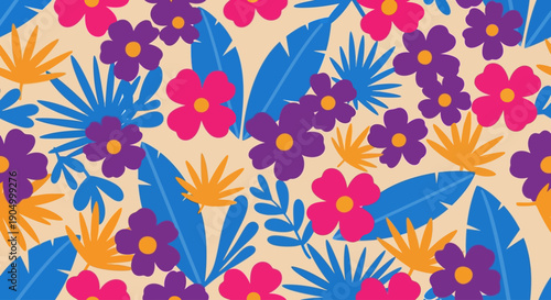 Vibrant floral pattern featuring colorful flowers and leaves in a repeating design from a top-down viewpoint
