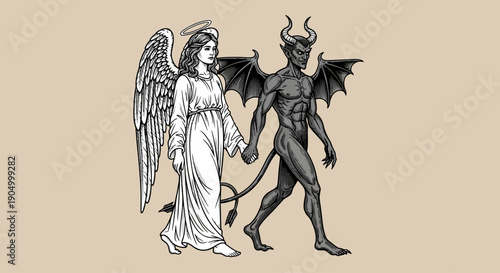 An angel and a demon facing each other in a symbolic illustration of good vs evil, set against a neutral background, viewed from the side