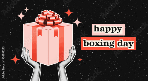 Celebrating Boxing Day with a beautifully wrapped gift box being held aloft against a starry night sky
