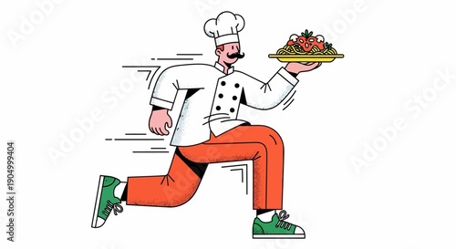 A chef in action, running with a vibrant dish, showcasing culinary skills in a dynamic illustration from a frontal viewpoint.