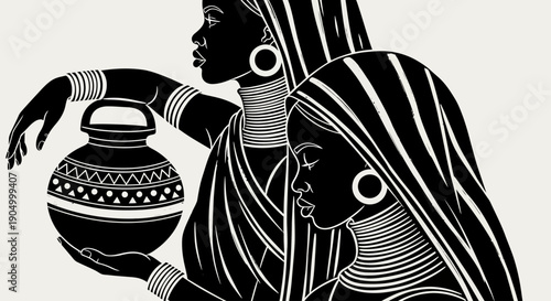 African women in traditional attire carrying a decorated clay pot in a cultural illustration