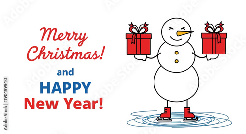 A snowman stands in melting snow holding Christmas gifts in a winter scene from a frontal viewpoint