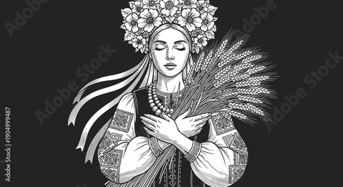 Woman wearing traditional dress holding sheaf of wheat in ornate illustration on dark background from front view