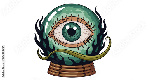 A mystical green eye in a crystal ball on a wooden stand surrounded by swirling black flames and tendrils
