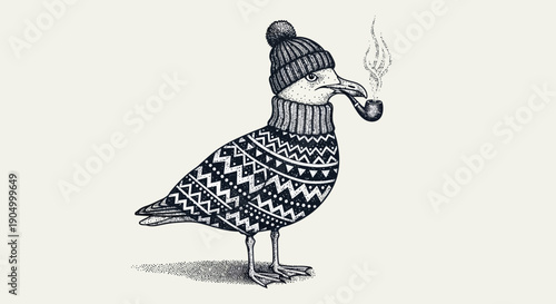 A seagull wearing a knitted hat and scarf smoking a pipe standing alone on a plain white background from a straightforward viewpoint