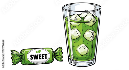 A refreshing green drink with ice cubes and a sweet candy on a white surface viewed from the side