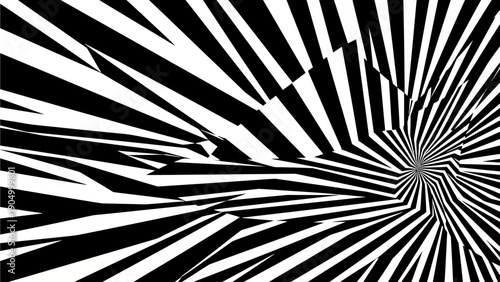Dynamic black and white radial pattern illustration showcasing movement and energy, viewed from a central perspective