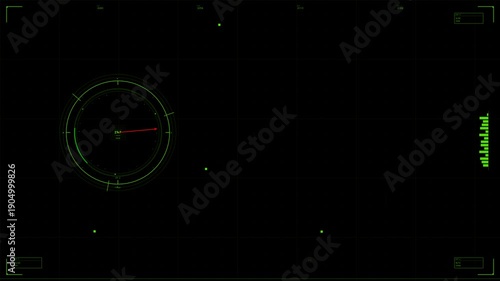 Hud animation showing tracking data and metrics in a dark environment with a circular gauge and line graph for visualization