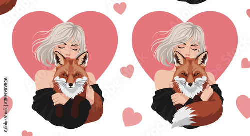 A girl hugging a fox in a heart-shaped frame surrounded by hearts, an illustration of love and friendship