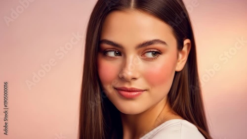Woman with long brown hair in makeup portrait sequence. From subtle side glance to forward gaze and open smile. Beauty transformation showing natural facial expressions and cosmetics application