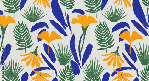 Vibrant floral pattern featuring calla lilies, palm fronds, and bright flowers in a seamless repeating design from a direct overhead viewpoint