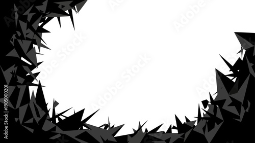abstract sharp geometric frame of dark broken shards on a white background creating an edgy and disruptive design element.