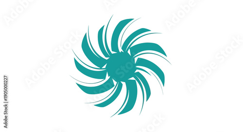 Abstract teal spiral design element rotating around a central point, graphic illustration on a clean background