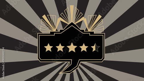 art deco five-star customer review rating graphic showcasing elegant vintage glamour design on a black and gold radiating sunburst background.