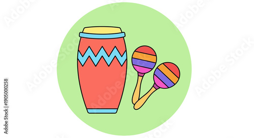 Vibrant drum and maracas illustration on a circular background, showcasing musical instruments in a playful setting