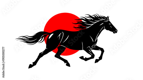 black horse galloping silhouette against a red sun dynamic vector illustration symbolizing strength speed and freedom.