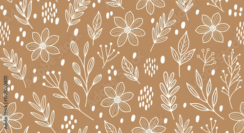 A serene floral pattern featuring flowers, leaves, and stems on a warm-toned background from a top-down viewpoint.