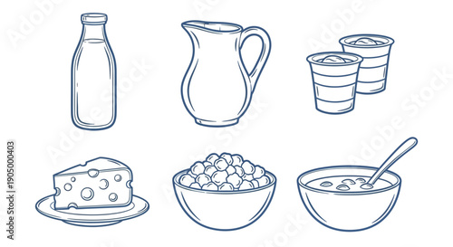 Illustration of breakfast items including milk, cereal, and pastries arranged in bowls and containers from a top-down view