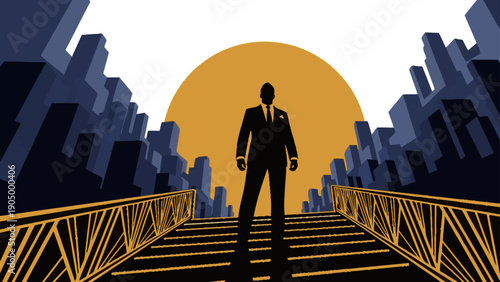 confident businessman silhouette on art deco bridge looking at golden sun over stylized cityscape symbolizing future ambition and success.