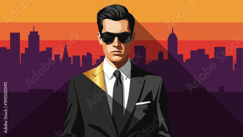 confident man in suit and sunglasses against city skyline at sunset depicting urban power success and modern mystery.