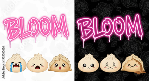 Vibrant dumplings with varied facial expressions against contrasting backgrounds viewed directly