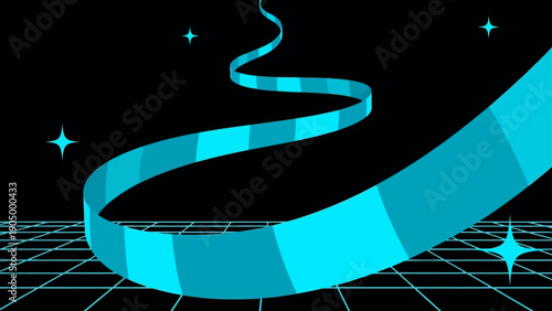 data flow technology glowing cyan digital path winding through dark retro-futuristic grid cyberspace symbolizing digital innovation.