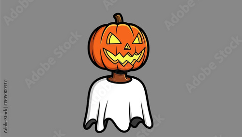 A cartoon jack-o-lantern head wearing a white ghost costume stands against a gray background