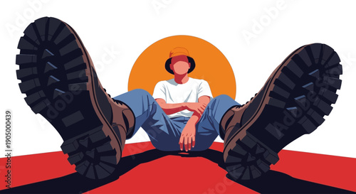 Person relaxing on the ground with feet up in the air, enjoying a serene moment, captured from a low-angle viewpoint