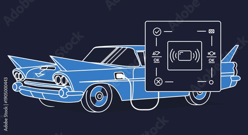 Vintage car illustration showcasing detailed design and technology interface on dark background from front viewpoint