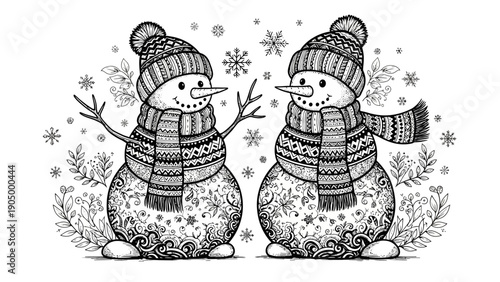 detailed zentangle snowmen with patterned hats and scarves surrounded by snowflakes and foliage christmas winter coloring page.
