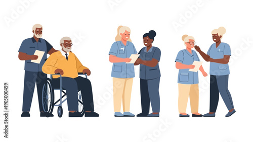diverse caregivers and nurses offer compassionate elder care assisting senior patients with medical support and well-being services.