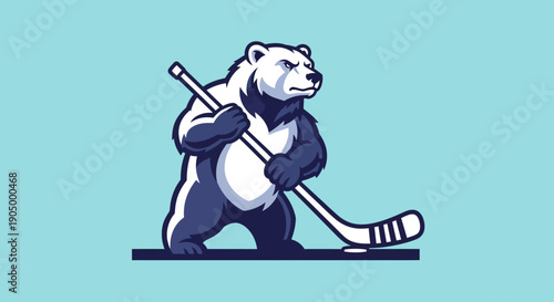 Illustration of a polar bear holding a hockey stick on a light blue background from a straightforward viewpoint