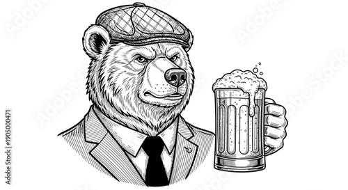 A sophisticated bear in a newsboy cap holding a beer mug