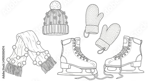 A set of winter clothing and ice skates arranged together on a plain background from a straightforward viewpoint