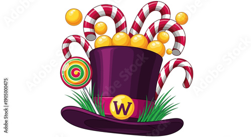 A vibrant purple top hat overflowing with candy and sweets, surrounded by colorful lollipops and striped candy canes