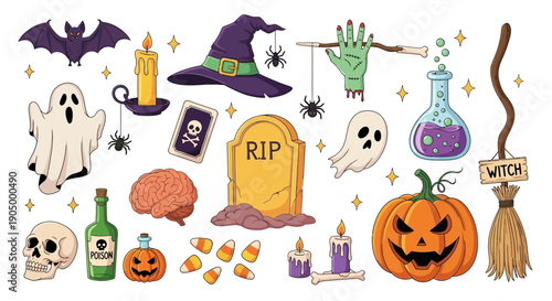 A spooky Halloween scene featuring a tombstone, witch, and various mystical objects surrounded by stars and eerie decorations