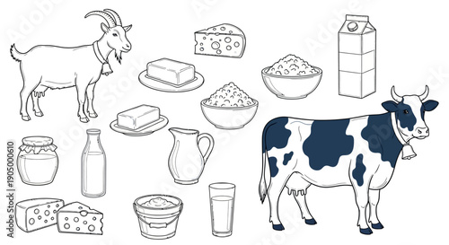 Cows standing near various dairy products on a white background from a straightforward viewpoint