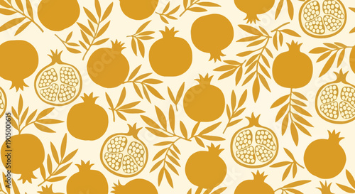 Pomegranates and leaves pattern on a seamless background viewed from directly above showcasing a repeating design of fruit and foliage
